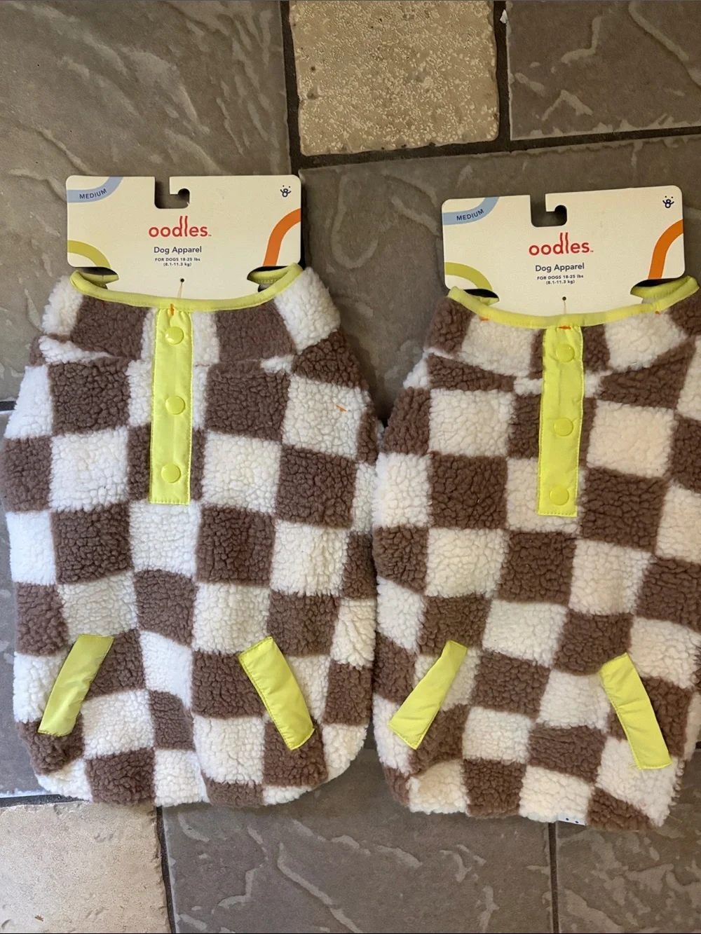 Oodles Checkerboard Sherpa Dog Sweater - Brown & Cream with Lime lot 2